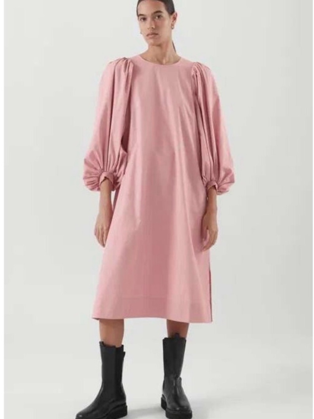 NWT 10 COS Minimalist Pink Puff-Sleeve Midi Dress